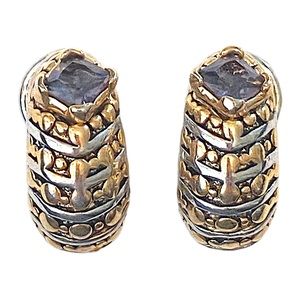 MX MICHAEL MORRISON Signed Purple Rhinestone Mixed Metal Hoop Earrings